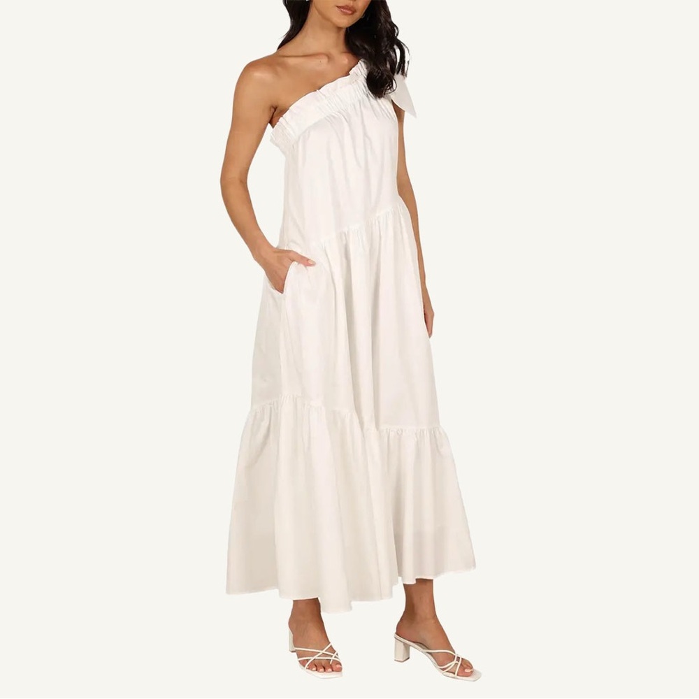 Petal & Pup Ava One Shoulder Maxi Dress Lined Cotton Bow Ruffle Pockets Size S